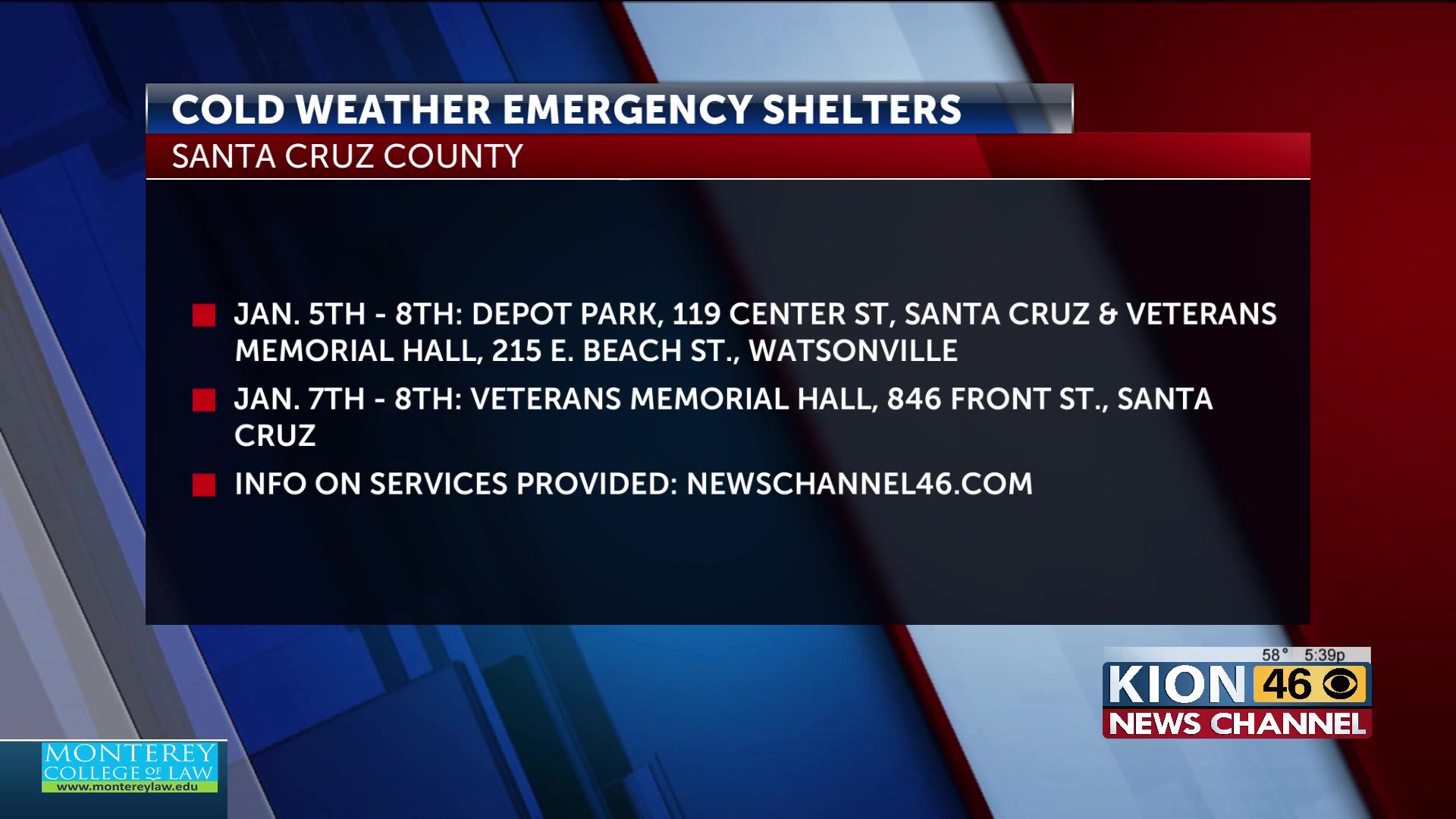 Cold Weather shelters activated in Santa Cruz County shelters to